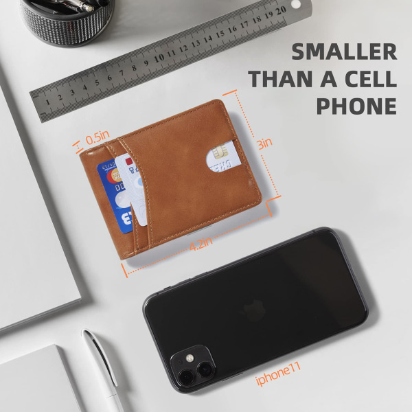 Minimalistinen ohut lompakko miehille, premium-nahkainen lompakko rahaklipsillä, RFID-suojattu etutasku Tyylikäs bifold lompakko (klassinen ruskea)