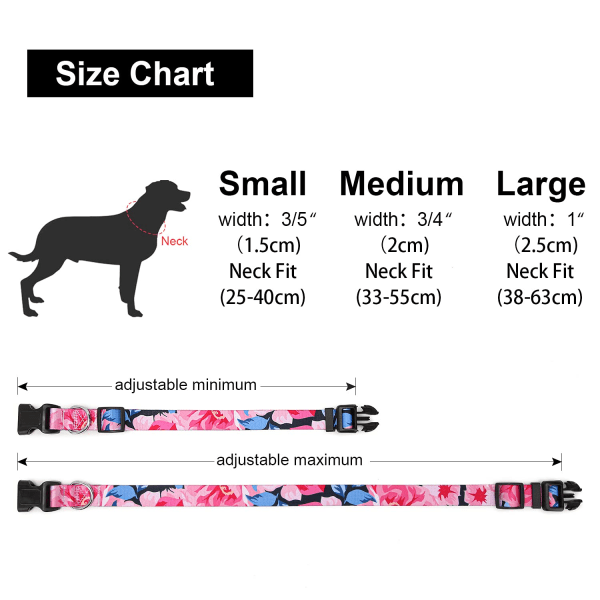 Justerbart hundehalsbånd i nylon med mønstre, mykt og behagelig kjæledyrhalsbånd for små, middels store hunder (M, rosa blomst)