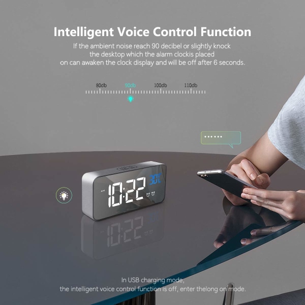 Digital väckarklocka med stor LED-temperaturdisplay, bärbart spegellarm med dubbla larm snooze-tid 4 nivåer justerbar ljusstyrkedimmer