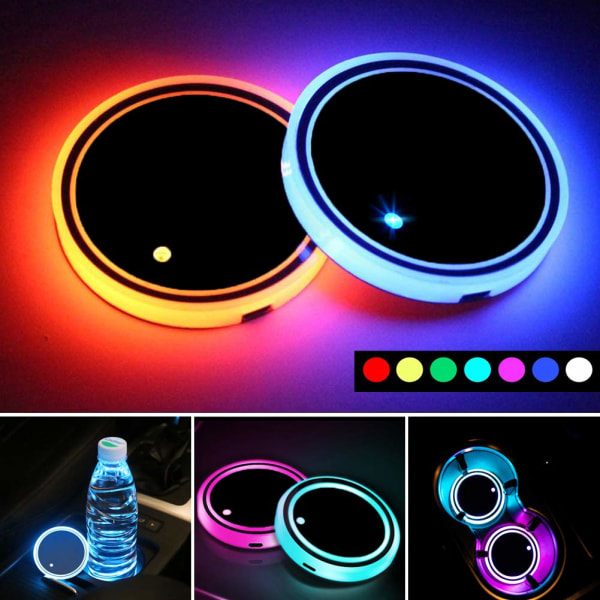 LED-ljus för bilkopphållare, 7 färger Byte av USB laddningsmatta Vattentät koppdyna, LED-inredning atmosfärlampa Dekorationsljus Biltillbehör (2 st)