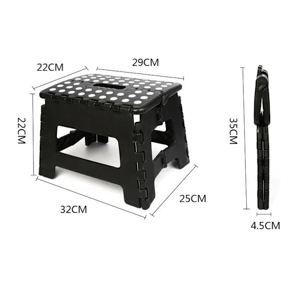 Fällbar fotpall - (1 st) 22 cm hög - 280 lb viktkapacitet - Lättvikts hopfällbar fotpall i plast för kök, badrum och vardagsrum (svart)