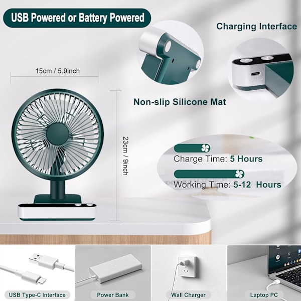 Liten skrivbordsfläkt kylning, oscillerande USB tyst personlig bordsfläkt, uppladdningsbar bärbar kraftfull med 4 hastigheter och LED-display, Mini tyst hem, kontor