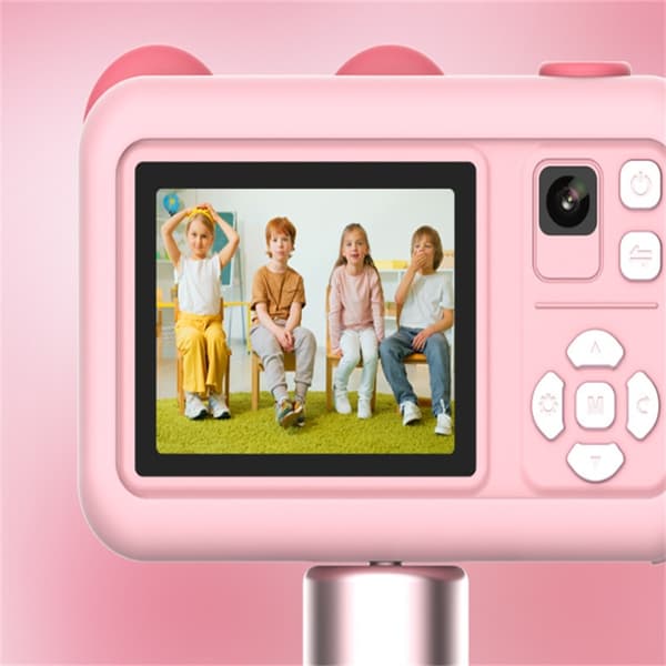 Söpö lastenkamera kaksoislinssillä ja telineellä, vaaleanpunainen Pink