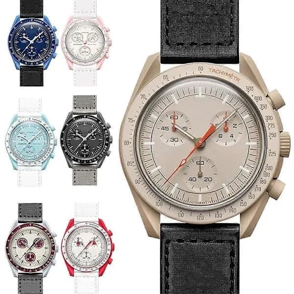 Planet Six - Quartz kronografur med selvlysende display, vandafvisende, med design af Månen, Merkur og Pluto