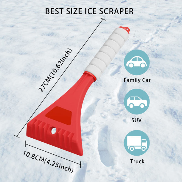 Isskraber til bil, sneskraber til bilrude, Heavy Duty Frost Sneisfjernelse til vinduer, ridsefri, nem opbevaring (rød)