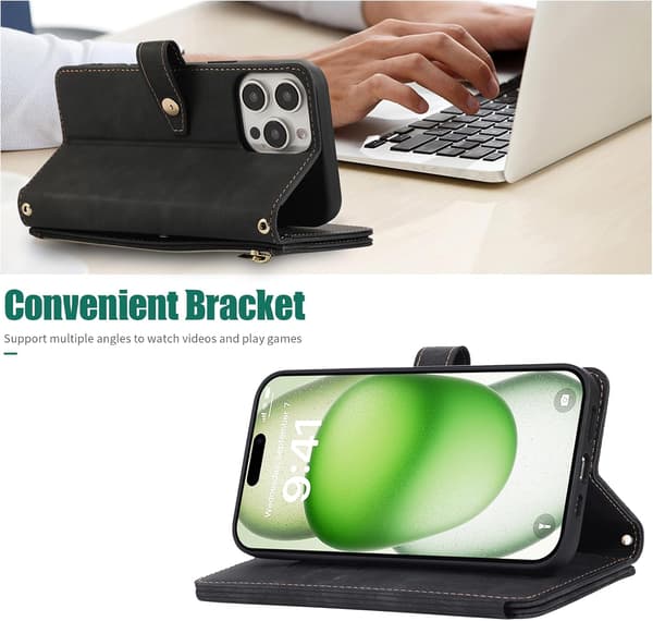 Plånboksfodral för iPhone 16 Pro (1-pack) — Foliodesign med handledsrem, 9 kortfack och stativ; magnetisk stängning (svart) iPhone16 Pro black