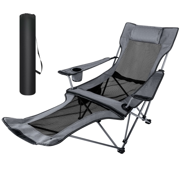 Campingstol, hopfällbar stol, solstol, ventilerande solstol med avtagbart fot- och nackstöd, trädgårdsstol, 136 kg lastkapacitet, grå