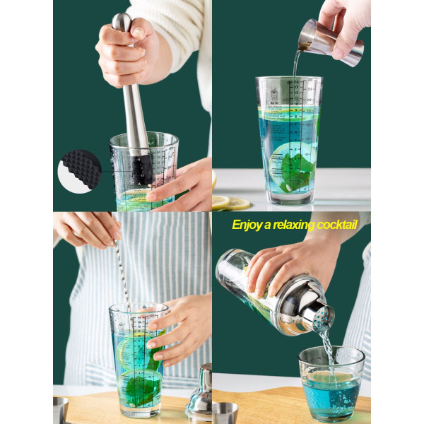 Glass Cocktail Shaker, Martini Shaker printed 6 juomareseptillä, Mitattu Sekoituslasi Paras lahja Begille