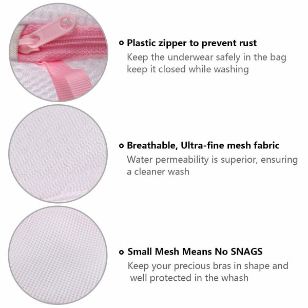 BH-vaskeposer, vaskenett for vaskemaskin, mesh-vaskeposesett, gjenbrukbar vaskepose med glidelås for bh-er, klær osv. - sett med 3 rosa