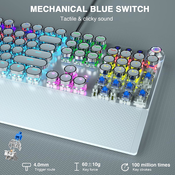Mekanisk gamingtastatur i skrivemaskinestil med blå switche, aftagelig håndledsstøtte, mediekontrolknap, regnbuebaggrundsbelysning, retro punk runde taster WHITE