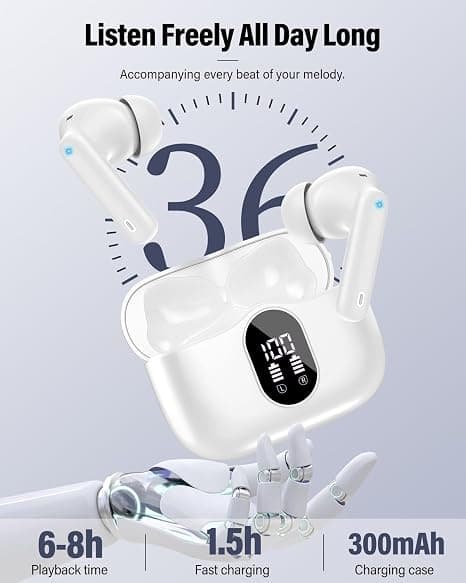 Trådløse hovedtelefoner Bluetooth 5.4 med LED-display, støjreducerende mikrofon, HiFi Stereo In-Ear hovedtelefoner, IP7 vandtæt til iPhone Android White
