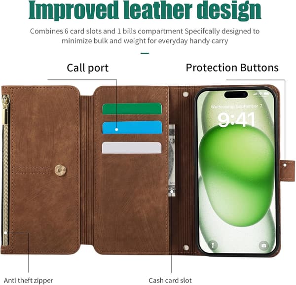 Plånboksfodral för iPhone 16 Pro (1-pack) — Foliodesign med handledsrem, 9 kortfack och stativ; magnetisk stängning (brun) iPhone16 Pro brown