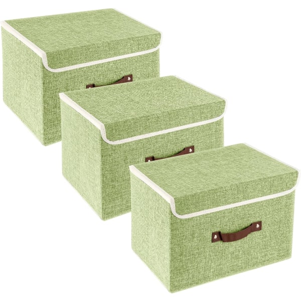 Vikbara förvaringskärl 3-pack förvaringslådor med lock och handtag Förvaringskorgar i linne Förvaringsorganisatorer för leksaker, hyllor, böcker etc (gräsgrönt)
