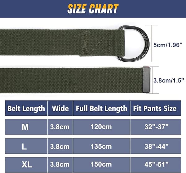 2-pak herre lærredsbælte med dobbelt D-ring, holdbart og justerbart afslappet webbælte med metalspænde til jeans, sort, armygrøn, 150 cm 150cm black+green