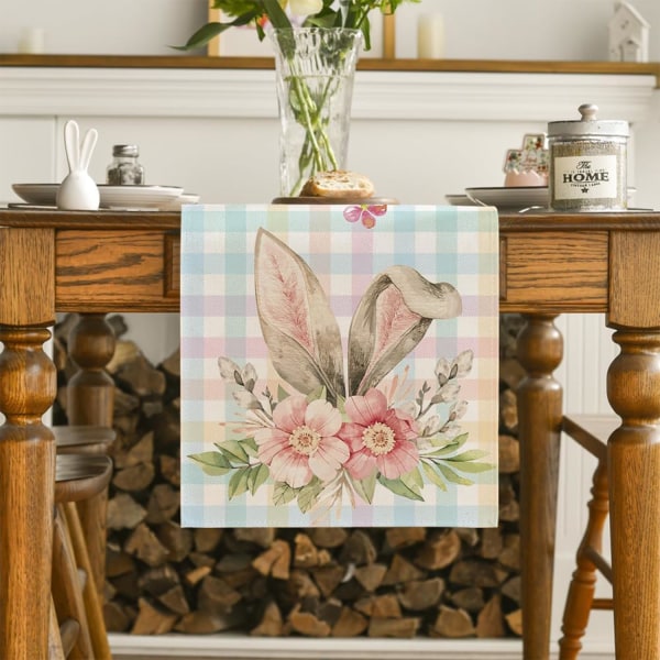Glad påskhare bordslöpare, vårsäsong linne påskduk med sött mönster (flerfärgade-kaninöron, 33*183cm)