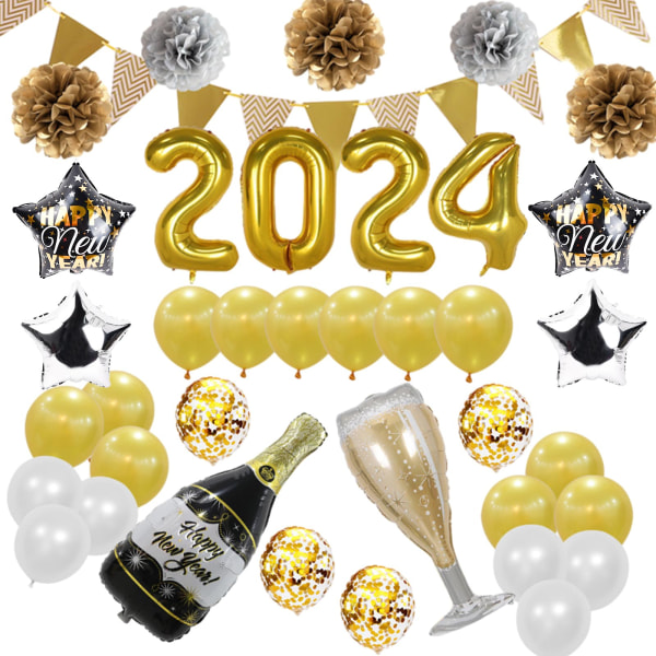 2024 Nyårsfestdekoration, 2024 Gott Nytt Årsdekoration med banderoll, Star Champagne Goblet Folieballonger, Latexballonger
