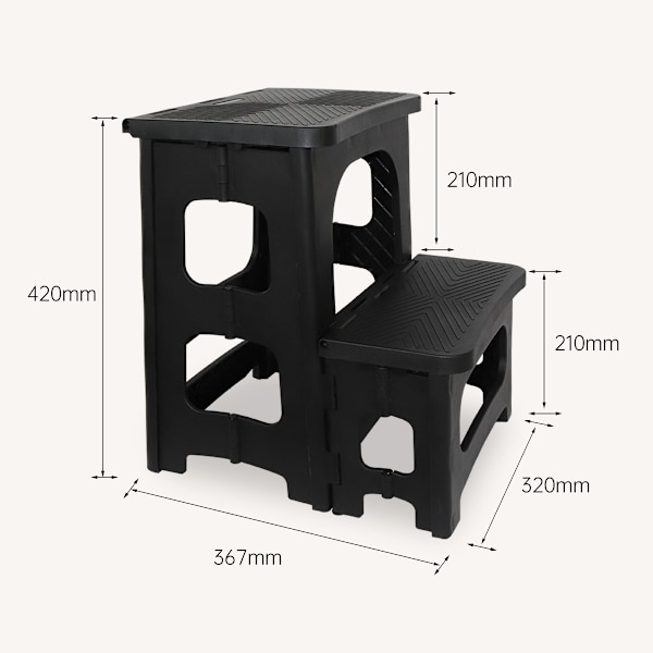 Sammenklappelig to-trins skammel, skridsikker bærbar fodskammel, dobbelt højde 21 cm og 42 cm, 150 kg (sort)