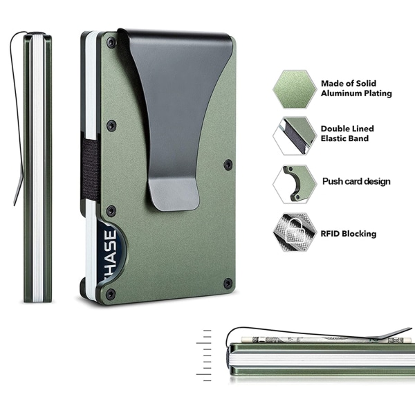 Minimalistisk metalllommebok med pengeklemme - Slank aluminiumskredittkortholder RFID-blokkerende lommebøker foran for menn og kvinner (Army Green)