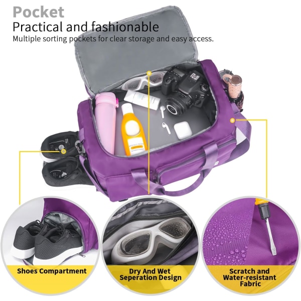 Naisten ja miesten urheilu- ja kuntosalilaukku kengille tarkoitetulla lokerolla, viikonlopun matkalaukku yöpymislaukku naisille, taitettava vedenpitävä matkalaukku navy purple
