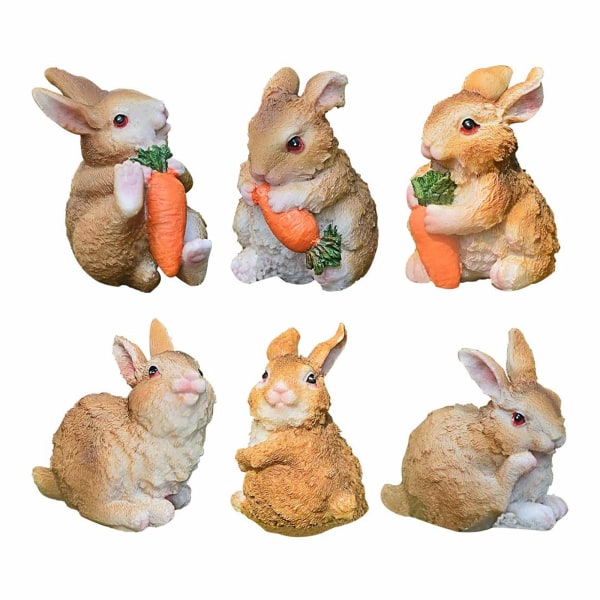6 stk Kaniner Bunny Have Ornamenter Mini Resin Bunny Figurer Kaniner Holder Gulerødder Udendørs Mikro Landskab Have Påskedekoration (Brun)