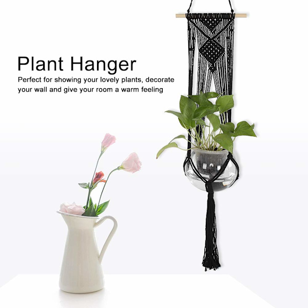 Växtupphängning, inomhus utomhus makramé planter hängande rep handgjord växtupphängning med tofsar blomkruka hållare korg sträng hängande väggdekor (svart)