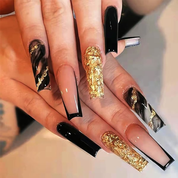 Kiste Falske Negle Lange Falske Negle Guld Sequin Tryk på Negle Fransk Pink Stick på Negle Ballerina Akryl 24stk til Kvinder og Piger black