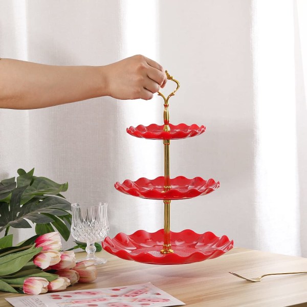 Plast Cupcake Stand Holder - 3-lags brett Dessert Stands Tower - Tiered serveringsbrett for bryllup | Baby Shower | Tea Party | Bursdag - Rød