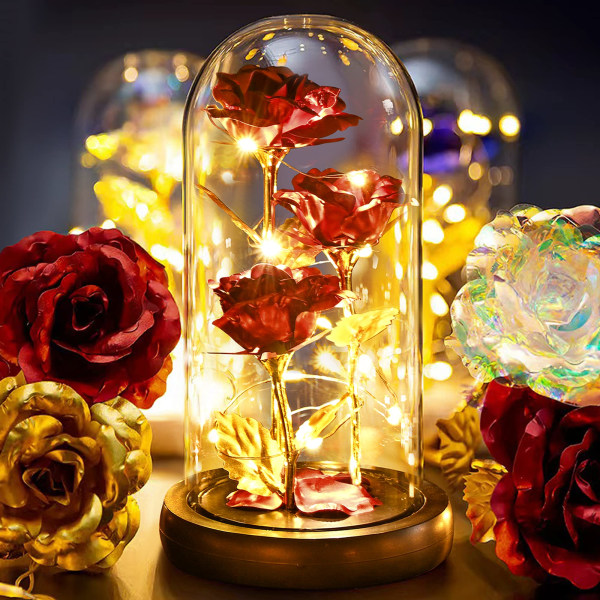 Eternal Rose in Glass - Infinity Roses Gifts, Beauty and the Beast Rose med lys, 3 røde glitrende roser i glasskuppel, LED-glass Galaxy Roses