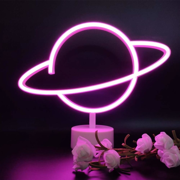 Pink Planet Neon Light Skilte Planet Bordlys LED Neon Lights Natlys med Piedestal Rum Decor Batteri/USB Operation Planet Neon Skilte