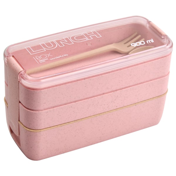 Packa återanvändbara Bento-lunchlådor, Måltidsförberedelser, Bento-Lunchbox, 3 fack Stapelbar matförvaringsbehållare Bärbar, Leakproo 900 ml (Rosa)