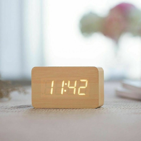 Digital väckarklocka i trä med justerbar ljusstyrka, röststyrning, LED-klocka, rektangulär display, tid, temperatur, heminredning Wood color