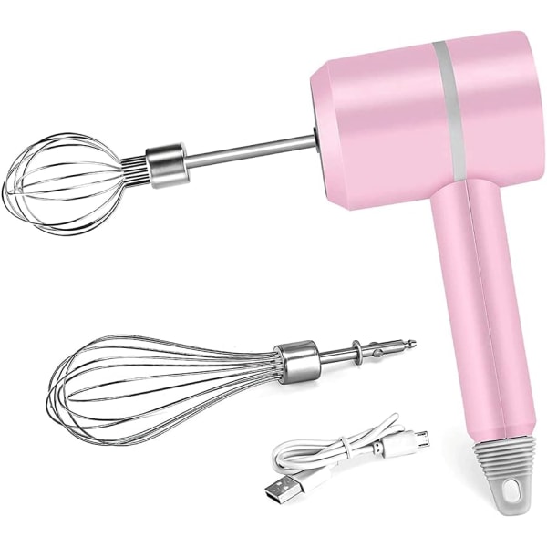 Bærbar elektrisk trådløs håndholdt mixer, 3-hastigheds justerbar letvægts USB genopladelig rustfrit stål æggepisker med dobbelte æggepinde (lyserød)