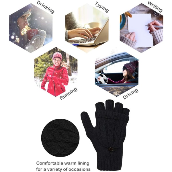 Talvikäsineet naiset - lämpimät neulotut sormettomat käsineet Villa lapaset cover tekstityshanskat (mustat)