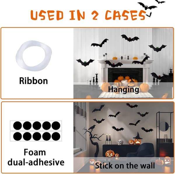 12 st Halloween Hängande Fladdermöss Hängande Flygande Glödande Ögon Fladdermus Utomhusdekoration