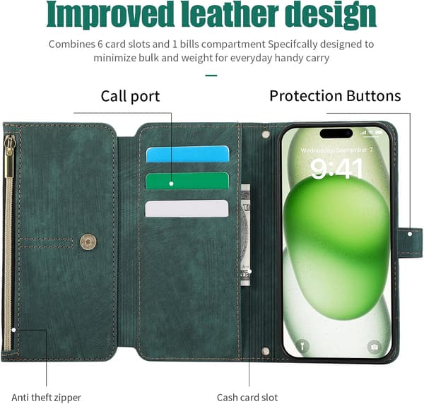 Plånboksfodral för iPhone 16 Pro Max (1-pack) — Foliodesign med handledsrem, 9 kortfack och stativ; magnetisk stängning (grön) iPhone16 Promax green