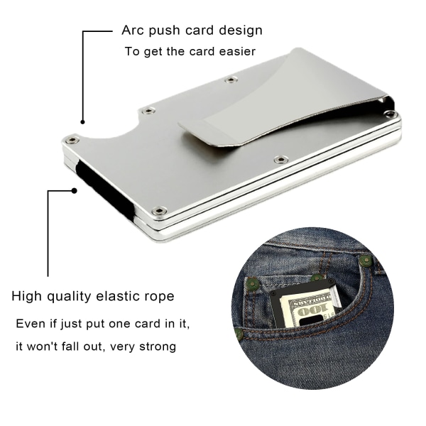 Minimalistisk metalllommebok med pengeklemme - slank aluminiumskredittkortholder RFID-blokkerende lommebøker foran for menn og kvinner (sølv)