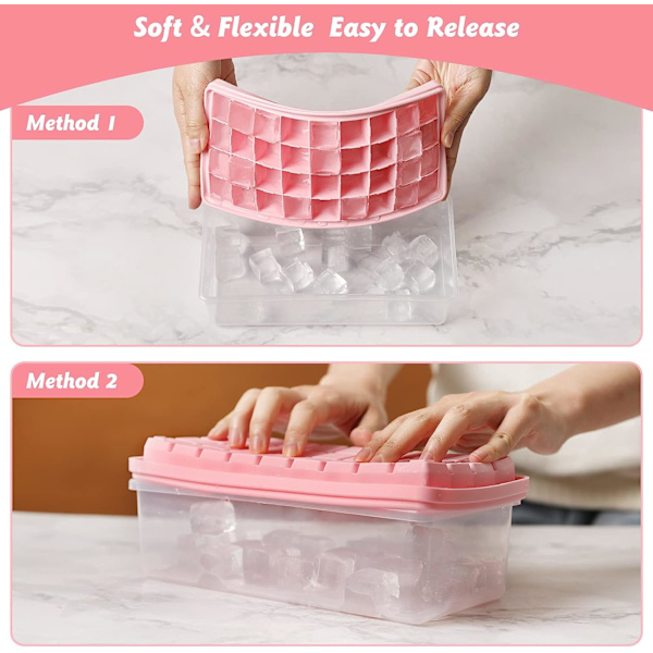 Madkvalitet silikone isterningbakke med låg og opbevaringsbeholder til fryser, nem udløsning 2*36 små isterningbakke med spildsikkert låg og spand pink