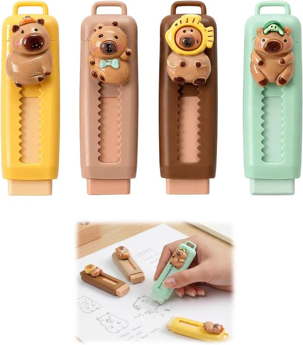 4 kpl kapybara-pyyhekumi, sisäänvedettävä push-pull-muotoilu, kapybara-lyijykynäpyyhekumit | Uutuuskansiosetti (2,5*3,5 cm)