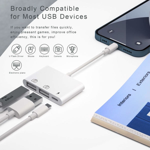 iPhone USB kameraadapter, kabel med belysningsladdningsportadapter, USB -adapter för iPhone kompatibel med iPhone 14/13/12/11/X/XS/XR/8/7/Pad