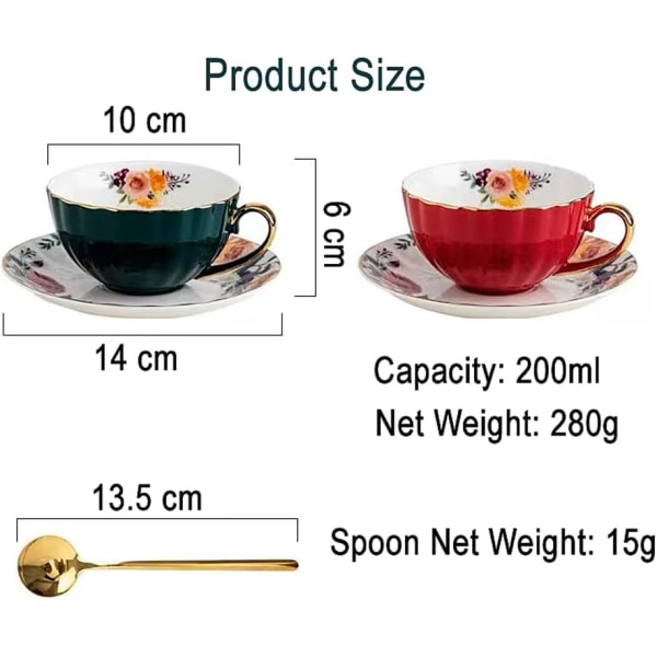 Tekopper med underkopper og ske, 2 sæt af 8 oz blomsterkaffekrus med guldkant, kongeligt keramisk tekopsæt, espressokaffe lattekopper