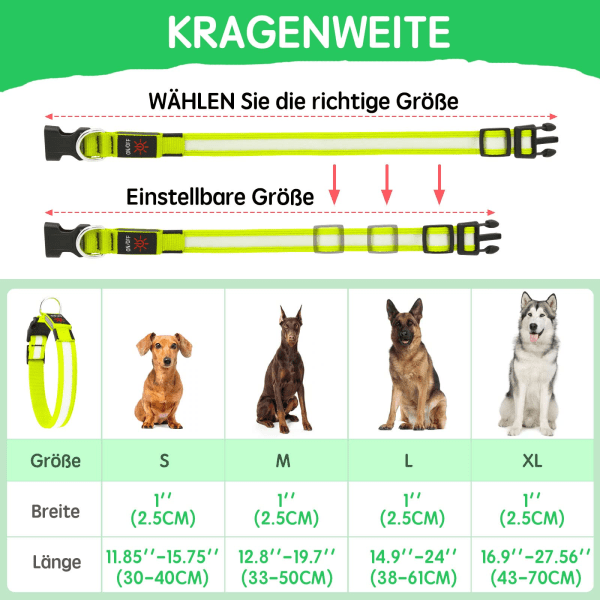 Lysande hundhalsband, lysande hundhalsband, uppladdningsbart hundhalsband, lysande LED-halsband för hundar, justerbar storlek, 3 ljuslägen (S, grön)