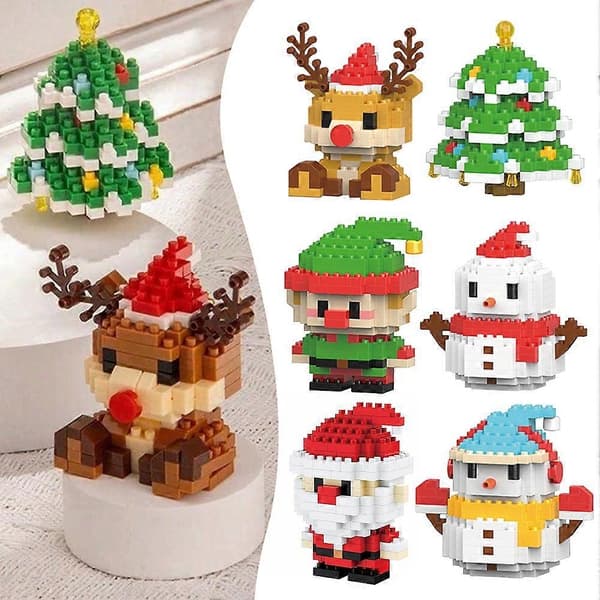 Jule Micro Byggeklodser Sæt, DIY Mini Mursten Legetøj til Børn og Voksne, Pædagogisk Julepynt, Julegave Dukker Elk