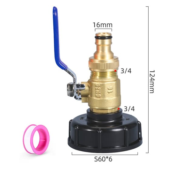 IBC tankadapter med 6-fin dobbelt han messing kugleventil og 1/2 tomme messingdyse til industri, landbrug, transport, ABS+messing
