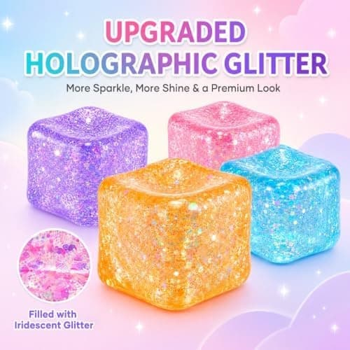 4-pakning glitter stresskube squishy leker, myke klemmeleker for stress og fidget