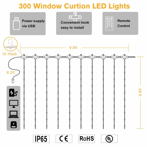 LED-gardinljus, fönstergardin Fairy Twinkle Lights 3mx3m 300leds USB styrda 8 lägen Istappar LED-slingor med fjärrkontroll och timer (flerfärgad)