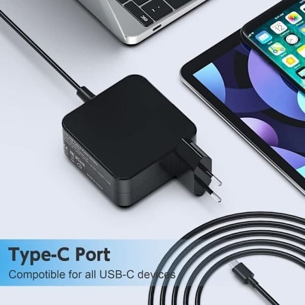 65W USB C-oplader til MacBook Pro/Air, Lenovo Thinkpad, HP, ASUS, Acer, Huawei, Xiaomi, Samsung - Kompatibel med flere bærbare computere og tablets