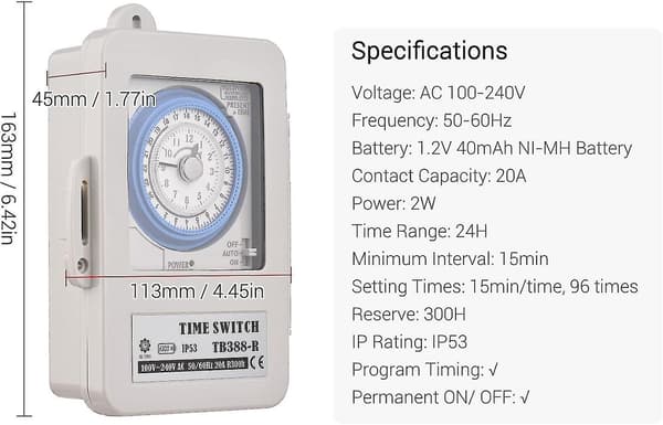24-timmars timer Ip53-klassad programmerbar Al timerbox AC 100-240V 15 minuters intervall 96 gånger på/av - q36