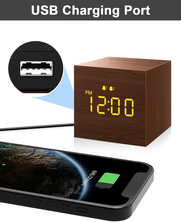 SCSYV Digital Väckarklocka, med LED-display i trä, dubbla larm, 2,5 tums kubisk liten miniklocka för sovrum, sängbord brun Brown