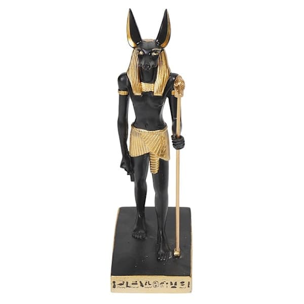 Gammel egyptisk gud Anubis med retfærdighedens vægt statue Døden og efterlivets guder vejer hjerte mod strudsefjer figur