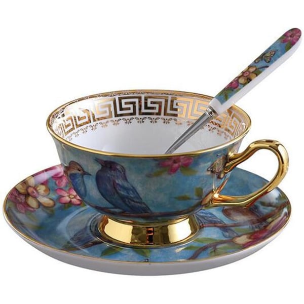 Tech Euro Style Kop& Underkop Sæt, Bone China Tekop Kaffe Kop til Morgenmad Hjem Køkken- Fugle og Træer Mønstre (Blå)